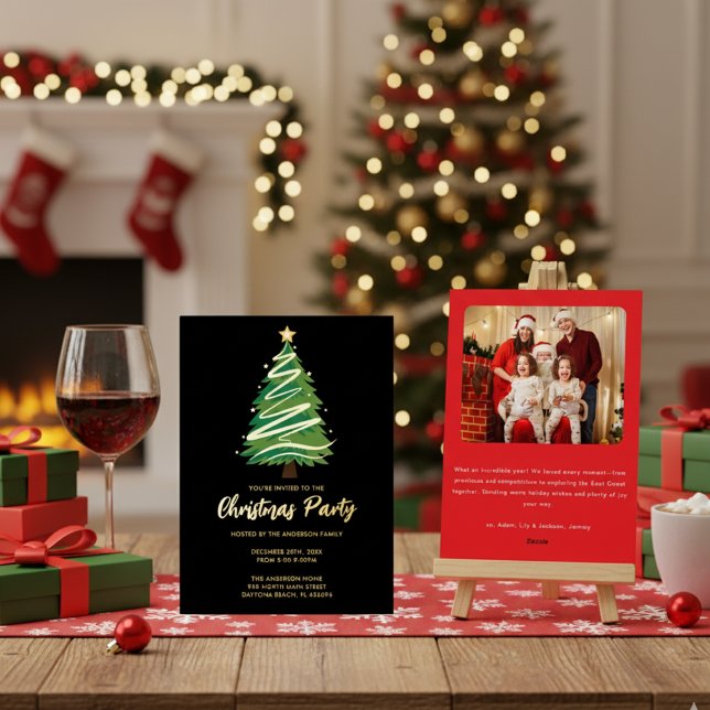 Modern Personalize Gold Red Green Tree Christmas  Folieneinladung (Von Creator hochgeladen)