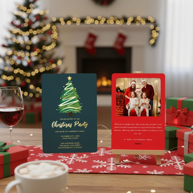 Modern Personalize Gold Red Green Tree Christmas  Folieneinladung (Von Creator hochgeladen)