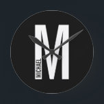 Modern Personalized Bold Monogram and Name Runde Wanduhr<br><div class="desc">Modern Monogram Design featuring personalized monogram letter "M" and name in modern bold sans serif font style.</div>