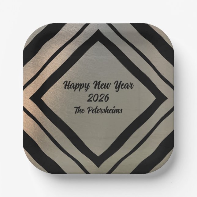 Modern Personalized Brushed Metal Happy New Years Pappteller (Vorderseite)