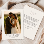 Modern Personalized Elegant Photo Wedding  Dankeskarte<br><div class="desc">Express heartfelt gratitude with this Modern Personalized Elegant Photo Wedding Thank You Card. Designed to highlight your favorite wedding portrait, this refined layout pairs timeless typography with soft neutral tones for a look that feels modern yet enduring. Personalized with your names, wedding date, and a custom message on the back,...</div>