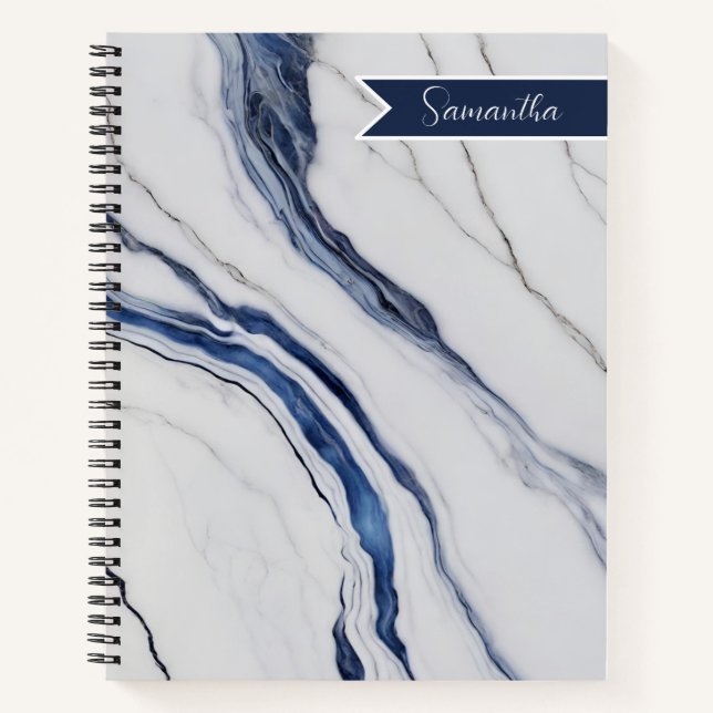 Modern Personalized Off-White Blue Marble  Notizbuch (Vorderseite)