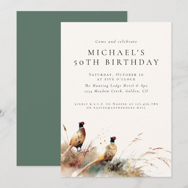 Modern Pheasant Hunting Adult Birthday Einladung (Vorne/Hinten)