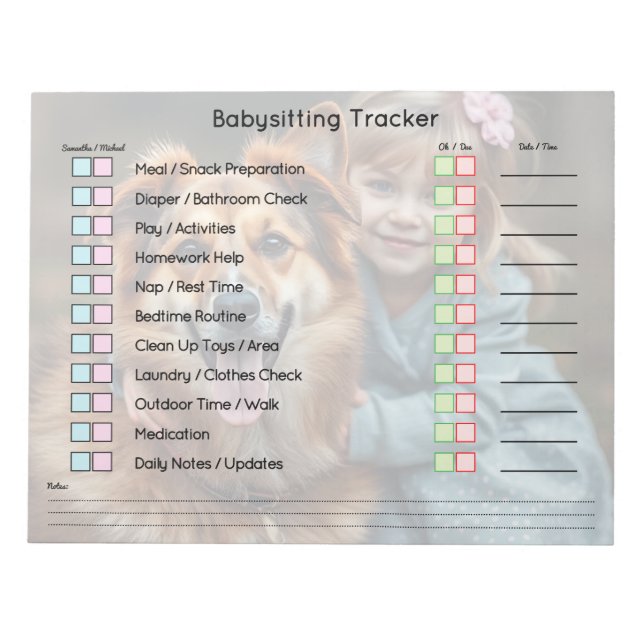 Modern Photo Babysitting Tracker Task Planner Notizblock (Vorderseite)