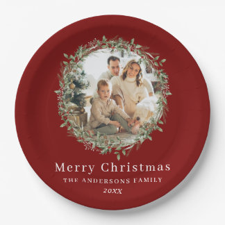 Modern photo Christmas wreath red Pappteller