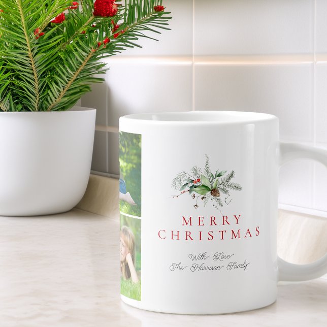 Modern Photo Collage Greenery Merry Christmas Jumbo-Tasse (Modern Photo Collage Greenery Merry Christmas Giant Coffee Mug)