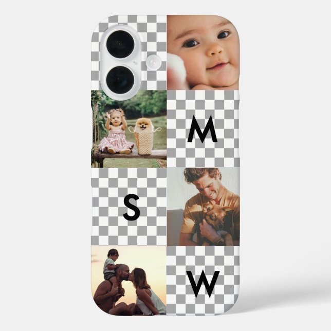 Modern Photo Collage Monogram Checkerboard iPhone 16 Hülle (Rückseite)