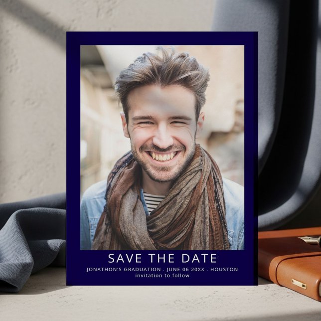 Modern Photo Graduation Navy Blue Save The Date (Von Creator hochgeladen)