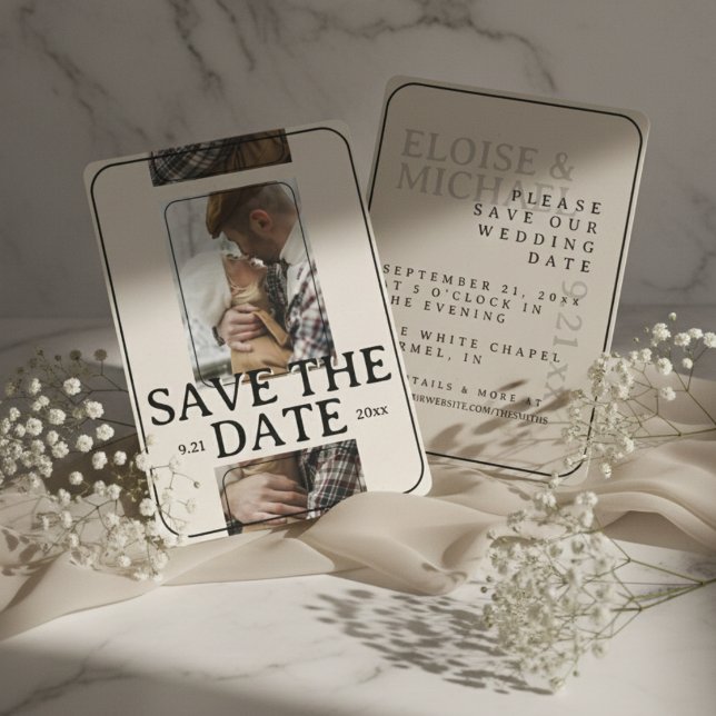 Modern Photo Grid with Bold Serif Save the Date Einladung (Announce your wedding date with style using this Modern Save the Date Card!)