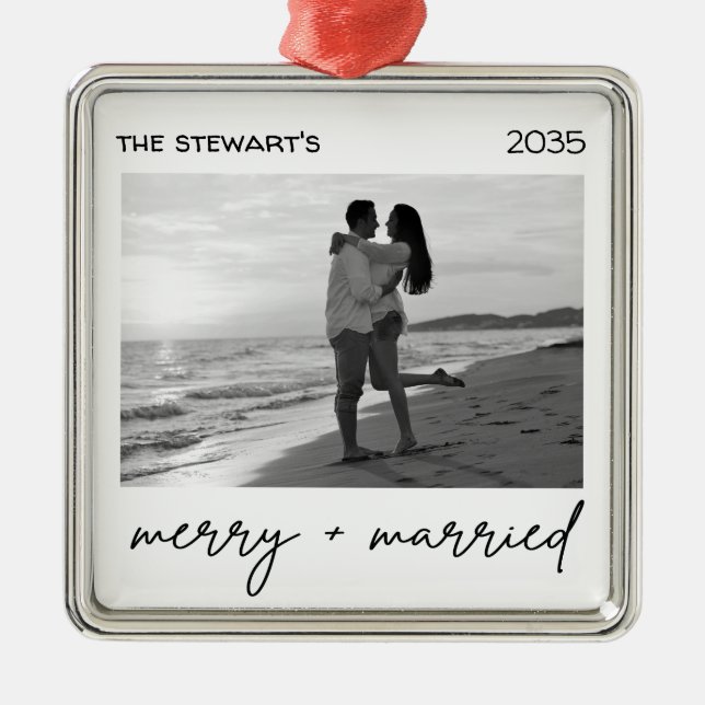 Modern Photo Merry & Married Elegant Minialmist Ornament Aus Metall (Vorne)