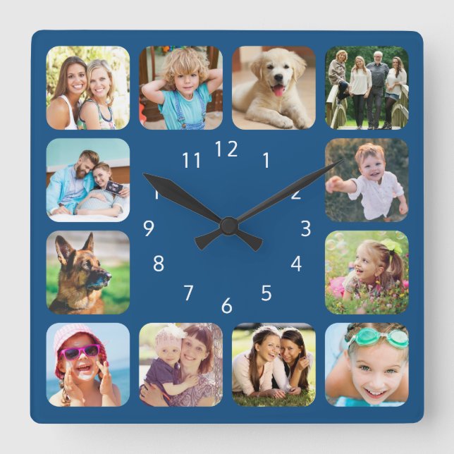 Modern Photo Personalized Blue Acrylic Wall Clock Quadratische Wanduhr (Vorderseite)