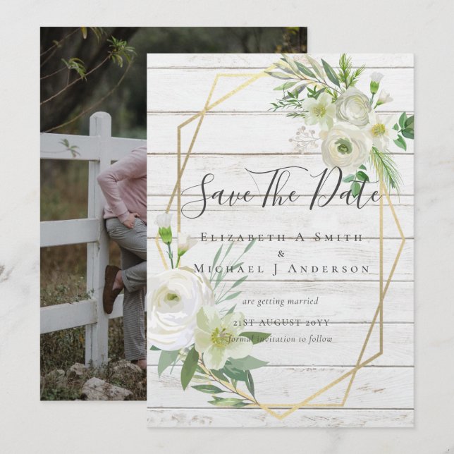 Modern Photo Save Dates White Floral Greenery Leaf (Vorne/Hinten)