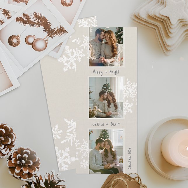 Modern Photo Strip Christmas Card with Handwritten Einladung (Custom 3-photo Christmas card with handwritten messages, perfect for couples, pets, or families.)