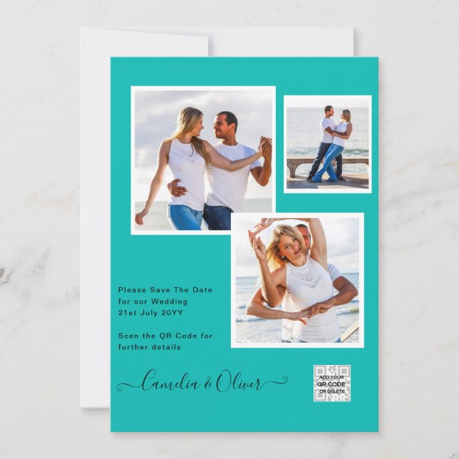 Modern PHOTO Wedding Invite QR CODE RSVP TEAL Einladung (Vorderseite)