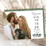 Modern Photo Wedding Save the Date with Tree Icons<br><div class="desc">Modern photo Save the Date announcement featuring a large romantic engagement photo paired with a clean minimalist layout. The vertical date design and charming illustrated tree icons add a subtle nature-inspired touch, perfect for outdoor, rustic, or woodland weddings. Easily personalize with your favorite photo, wedding date, names, and location to...</div>