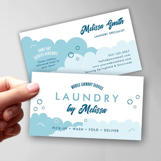Modern Pick-Up Laundry Service Blue & White Visitenkarte (Modern white and blue pick-up laundry services and laundromats business cards)