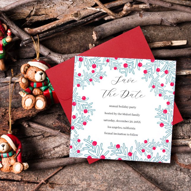 Modern Pine Branch and Red Berry Christmas Pattern Save The Date (Von Creator hochgeladen)