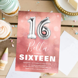 Modern Pink 16 Balloon Girl Birthday Party Einladung