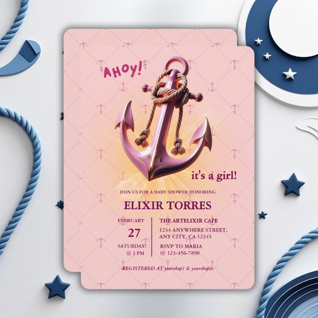 Modern Pink Ahoy! Anchor Nautical Baby Dusche Einladung (Von Creator hochgeladen)