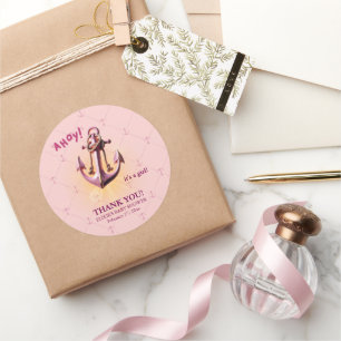 Modern Pink Ahoy! Anchor Nautical Baby Dusche Runder Aufkleber