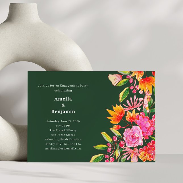 Modern Pink and Green Flowers Engagement Party Einladung (Von Creator hochgeladen)