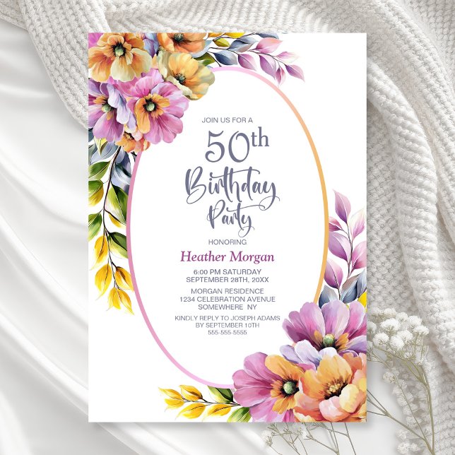 Modern Pink and Orange Floral 50th Birthday Party Einladung (Von Creator hochgeladen)