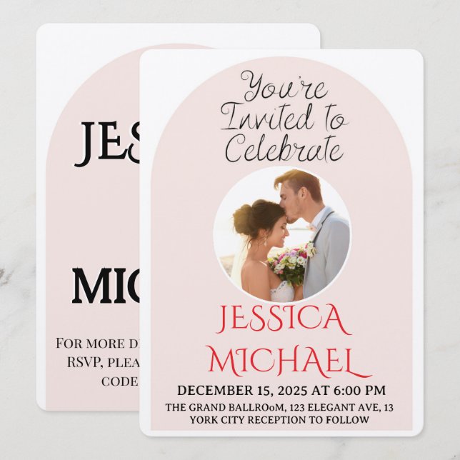 Modern Pink Arch Wedding Photo Invite with QR Code Einladung (Vorne/Hinten)