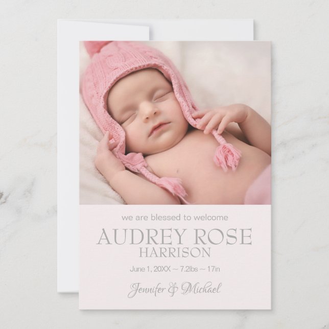 Modern Pink Baby Girl Birth Ankündigung (Vorderseite)