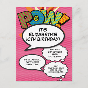 Modern Pink Birthday Party Fun Comic Book Einladungspostkarte