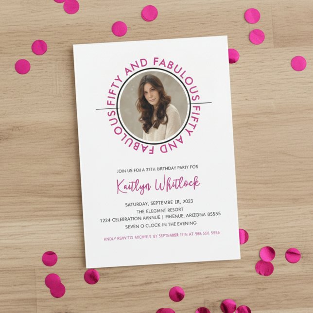 Modern Pink Black 50 and Fabulous 50th Birthday Einladung (elegant modern pink black fifty and fabulous 50th birthday party invitation for her woman women)