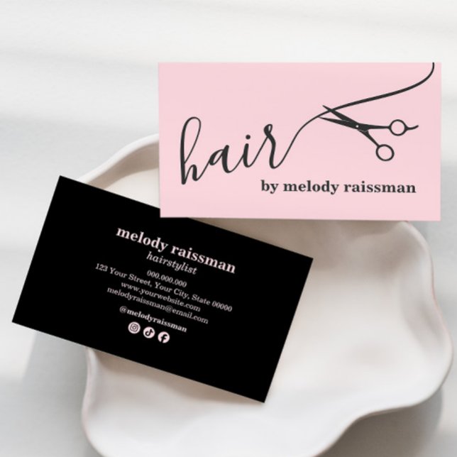 Modern Pink Black Hairstylist Script Business Card Visitenkarte (Von Creator hochgeladen)