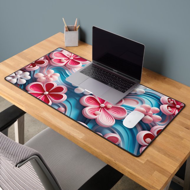 Modern Pink Blue 3D Floral Swirl Pattern Schreibtischunterlage (Büro 2)