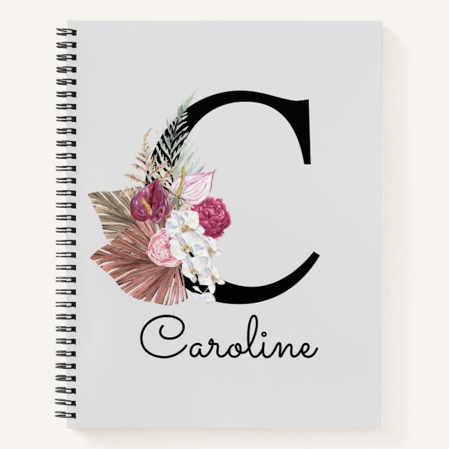 Modern Pink Boho Floral Initial C Notizbuch (Vorderseite)