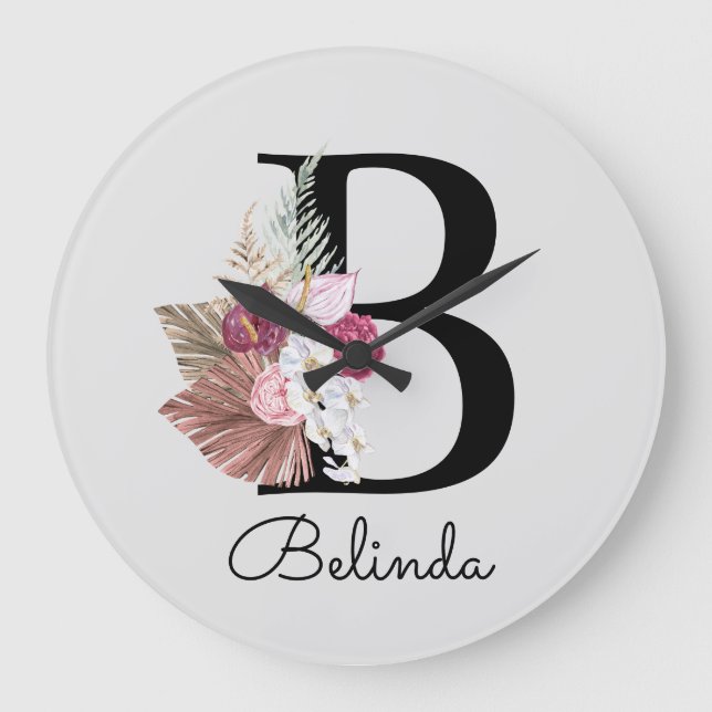 Modern Pink Boho Girly Floral Initial B Große Wanduhr (Vorderseite)