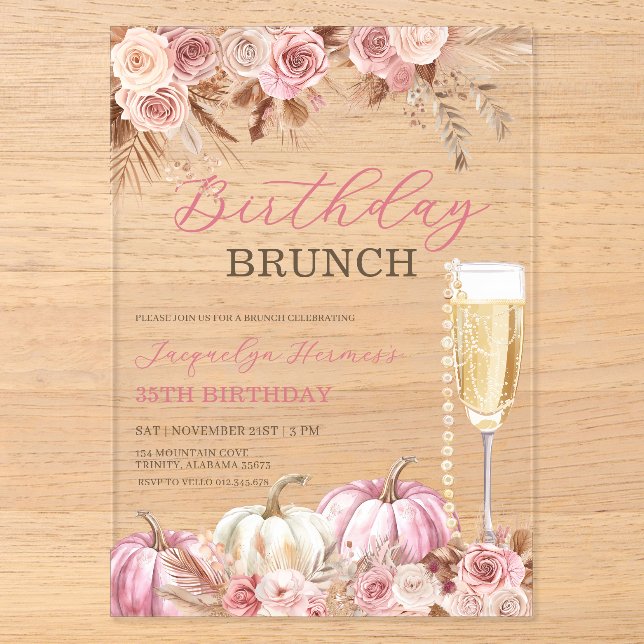 Modern Pink Boho Pumpkin Autumn Birthday Brunch  Acryleinladungen (Vorderseite)