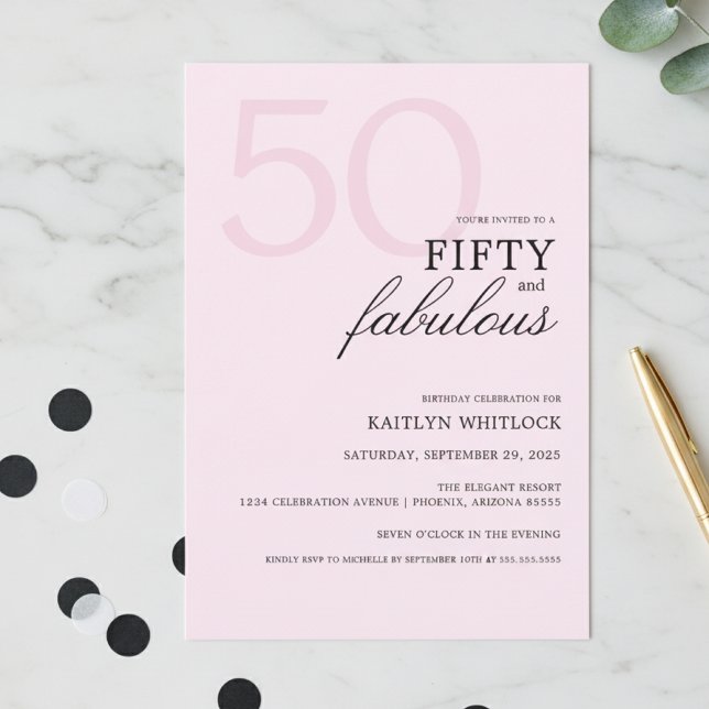 Modern Pink Bold 50 and Fabulous Birthday Party Einladung (modern elegant typography pink fifty and fabulous 50th birthday party invitation simple bold script)