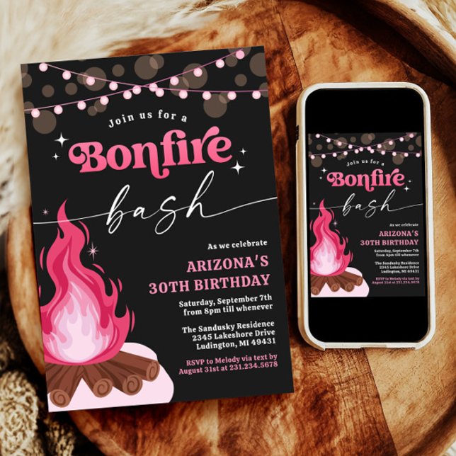 Modern Pink Bonfire Einladung - Bonfire Bash (Pink Birthday Bonfire Invitation)