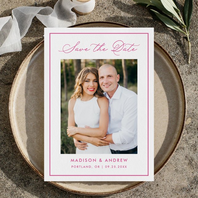 Modern Pink Border Script Photo Wedding Save The Date (Von Creator hochgeladen)