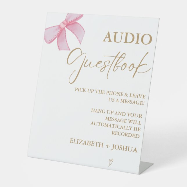 Modern Pink Bow Gold AUdio Gästebuchtisch Untersch Sockelschild (Vorderseite)