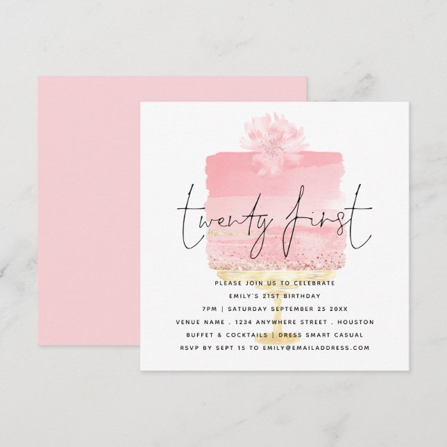Modern Pink Cake Invitation 21e anniversaire (Devant / Derrière)