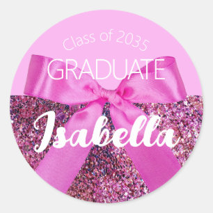 Modern Pink Coquette Bow Graduate Glitzern Script Runder Aufkleber