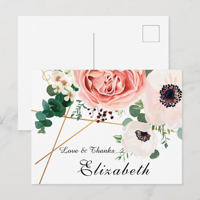 Modern Pink Coral Floral Botanical Vielen Dank Postkarte (Vorne/Hinten)