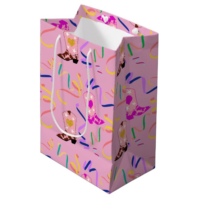Modern Pink Cowgirl Western Boots Confetti Mittlere Geschenktüte (Vorderseite Schrägansicht)