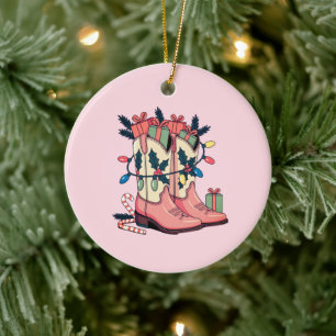 Modern Pink Cowgirl Western Boots Weihnachten Keramik Ornament