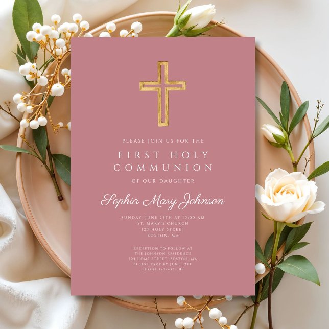 Modern Pink Cross Religious Girl First Communion Einladung (Modern Pink Cross Religious Girl First Communion Invitation)