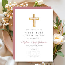 Modern Pink Cross Religious Girl First Communion