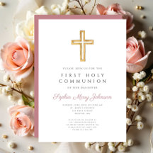 Modern Pink Cross Religious Girl First Communion