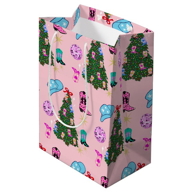 Modern Pink Disco Cowgirl Rodeo Weihnachtsbaum Mittlere Geschenktüte (Rückseite Schrägansicht)
