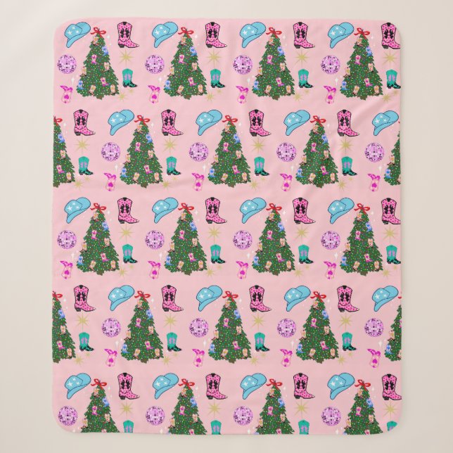 Modern Pink Disco Cowgirl Rodeo Weihnachtsbaum Sherpadecke (Vorderseite)