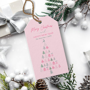 Modern Pink Doodle Weihnachtsbaum, Rentier, Sterne Geschenkanhänger